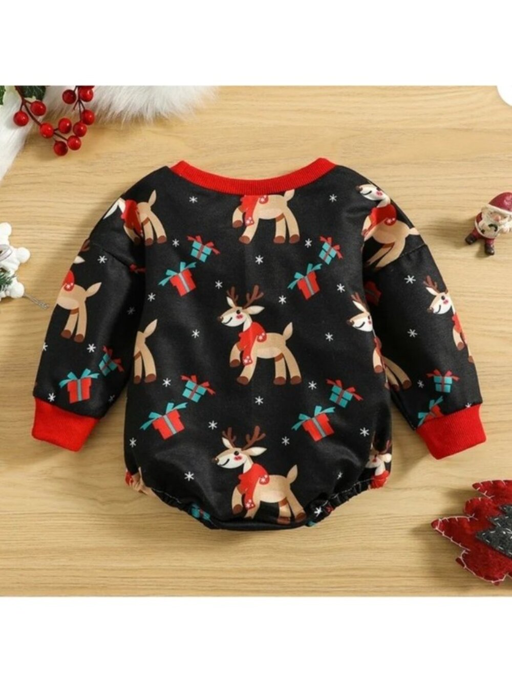 Baby Christmas Reindeer Long Sleeve Romper Bodysuit Black/Red (12-18 mon) (U963) - Picture 2 of 11